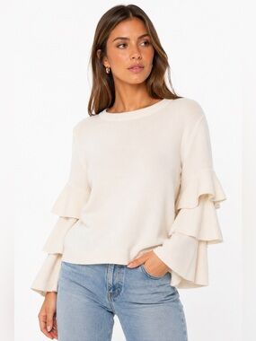Alice + Olivia Stora Ruffle Sleeve Wool Blend Sweater Pullover Off White XS
